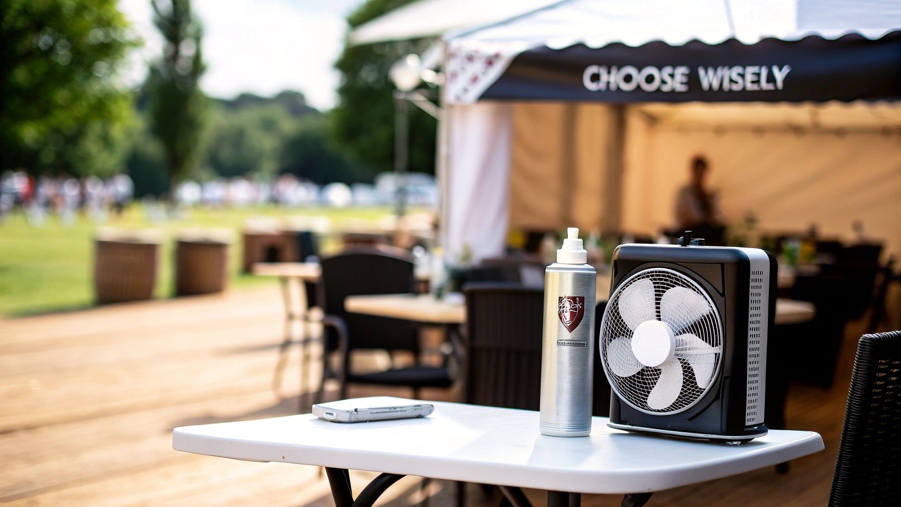 A silver spray bottle, a black portable fan, and a phone sit on a white outdoor table.