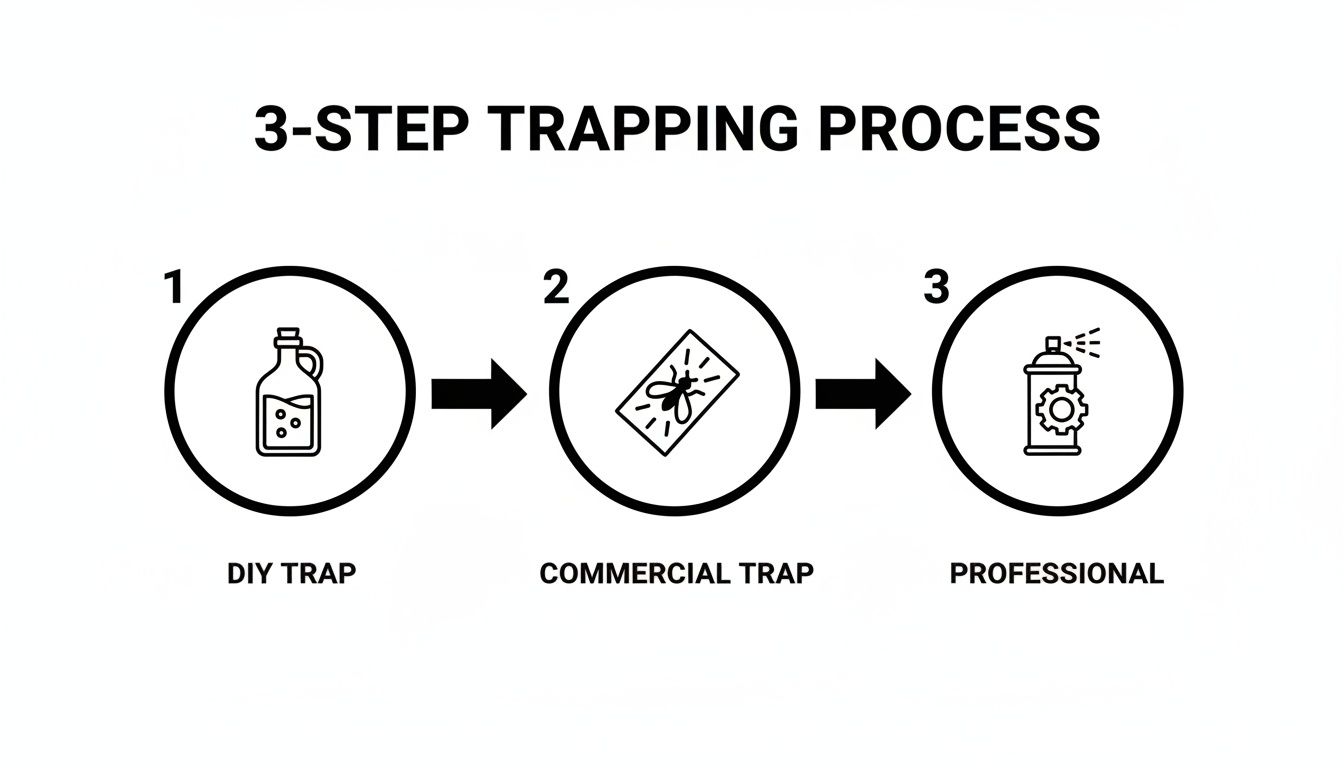 Three-step fruit fly control process showing DIY trap, commercial sticky trap, and professional spray methods.