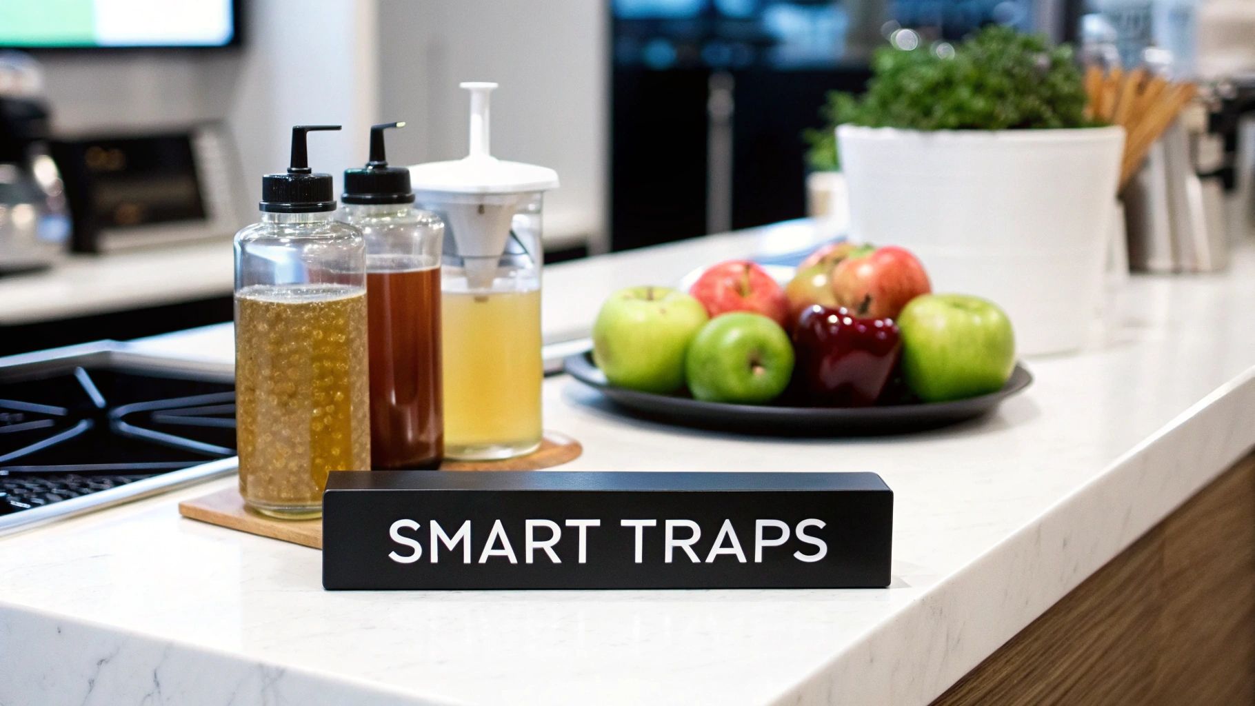 A kitchen counter with a 'SMART TRAPS' sign, three fruit fly traps, and a bowl of apples.