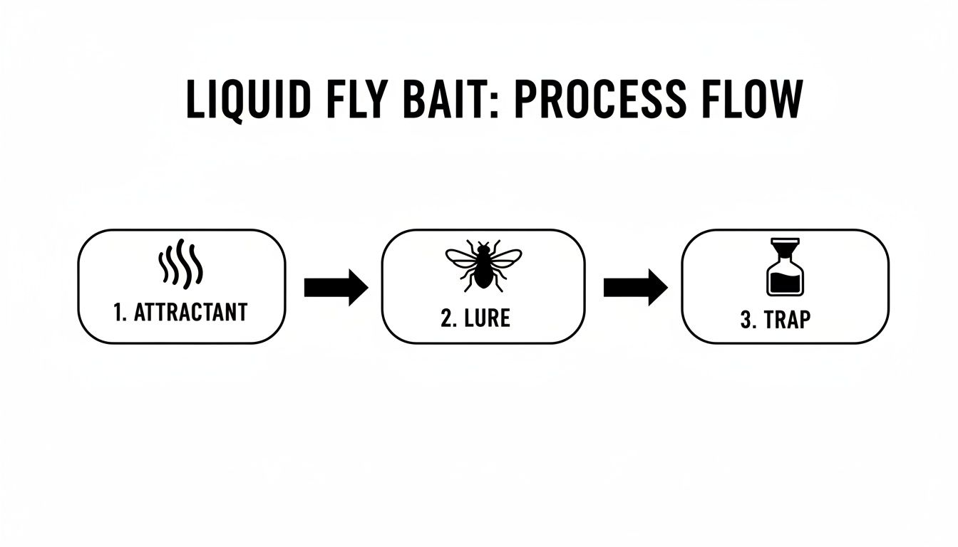 Flowchart illustrating the liquid fly bait process, showing attractant, lure, and trap steps.