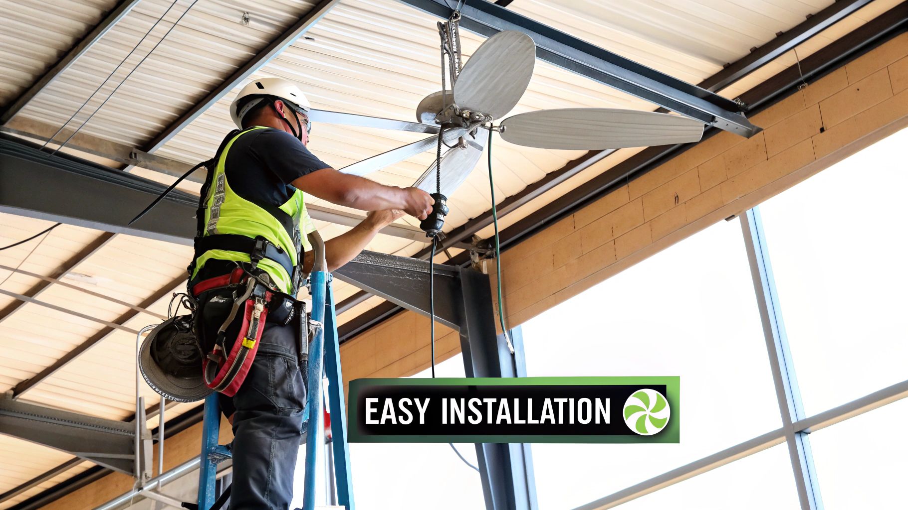 Technician measuring the airflow of a commercial fly fan with a digital anemometer.