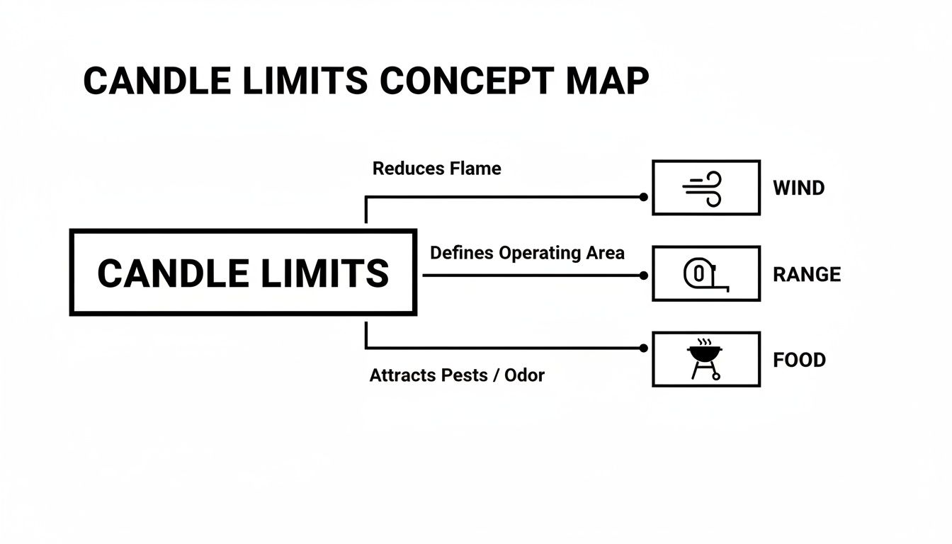 A concept map illustrating candle limits, showing how wind reduces flame, range defines operating area, and food attracts pests.