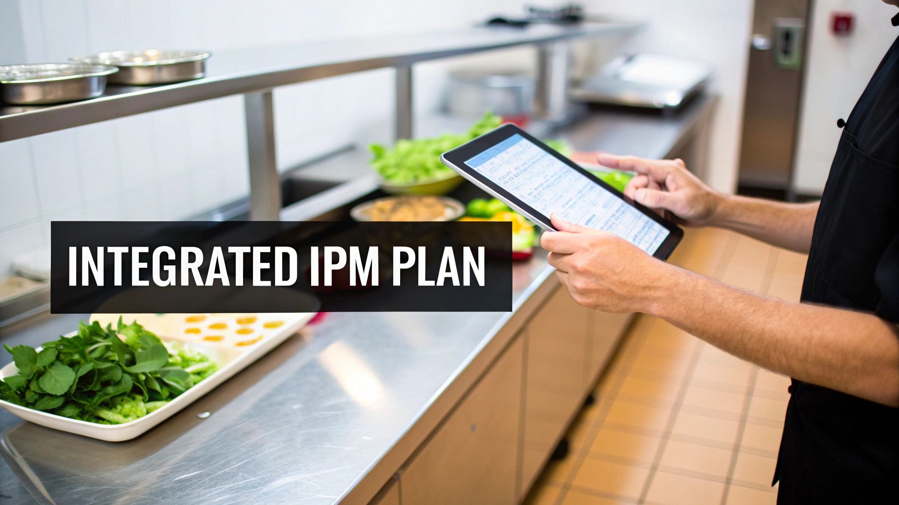 A chef uses a tablet in a professional kitchen with fresh ingredients, showing an 'Integrated IPM Plan' text overlay.