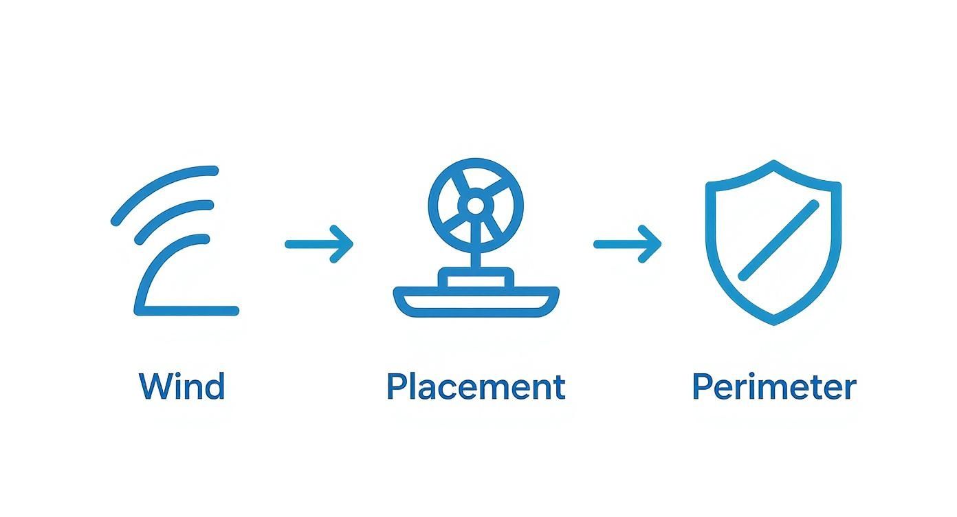 Blue icons showing wind, an arrow, a fan for placement, another arrow, and a shield for perimeter protection.