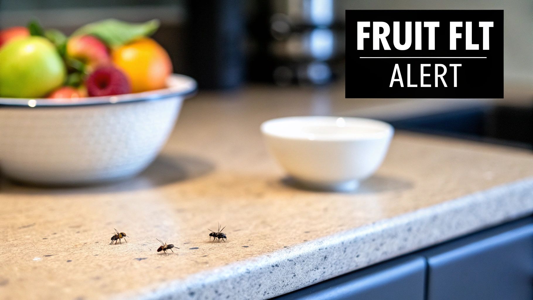 Fruit flies crawling on a kitchen counter near a bowl of fresh fruit, with a 'FRUIT FLT ALERT' banner.