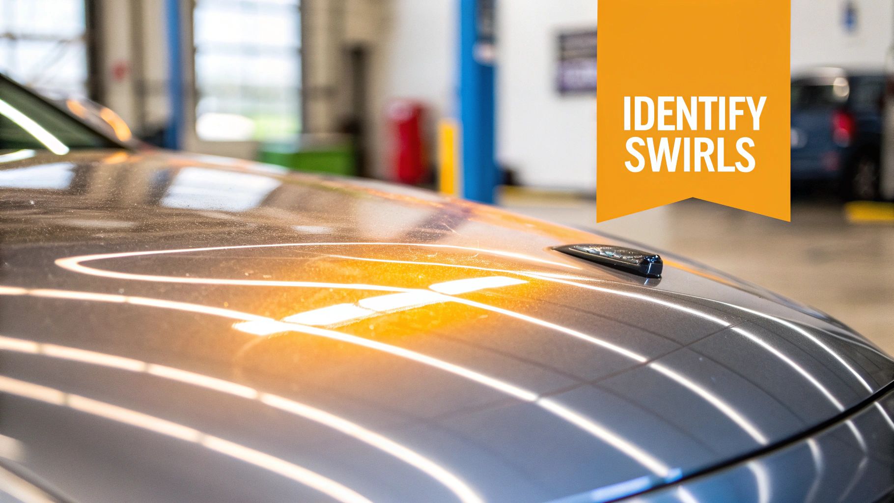 Close-up of a car hood showing light reflections highlighting dust and visible paint swirls.