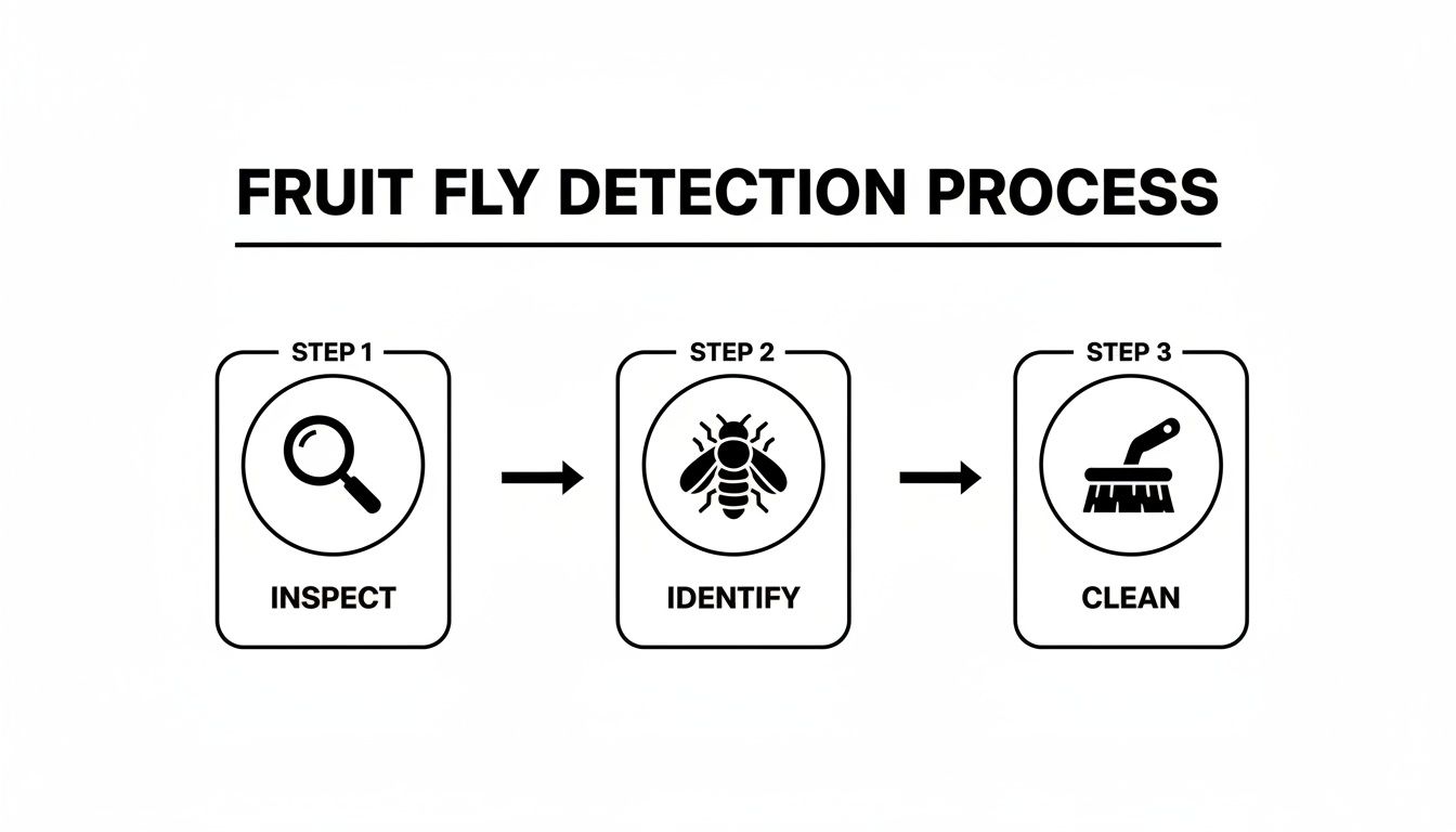 A three-step fruit fly detection process showing inspect, identify, and clean with icons.