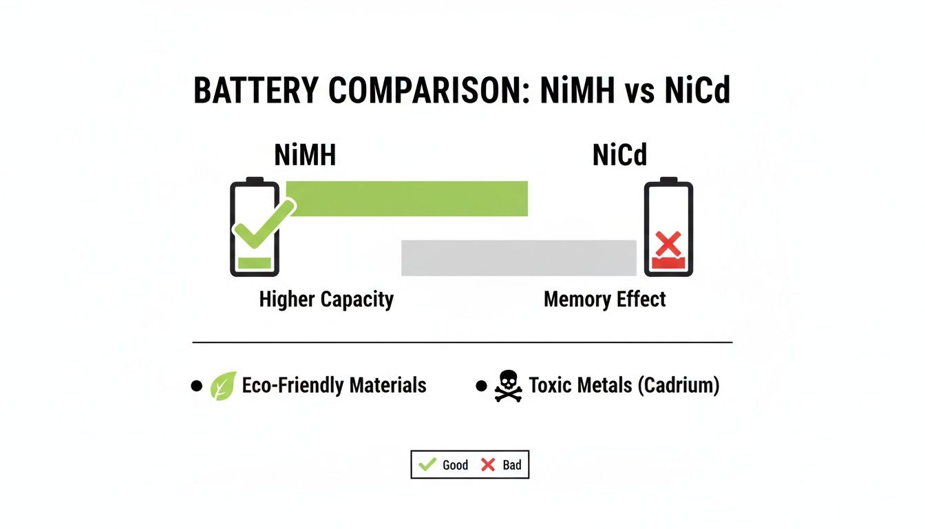 Comparison of NiMH vs NiCd batteries highlighting NiMH's higher capacity and eco-friendliness.