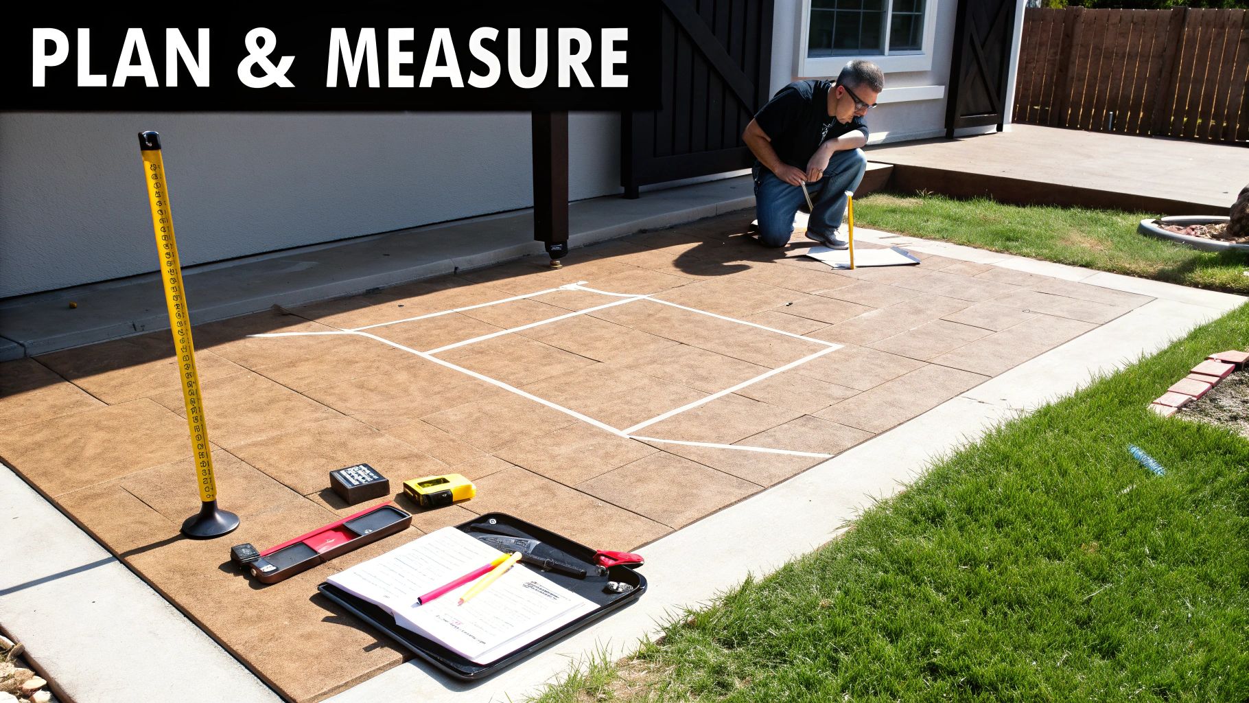 A man kneels on a patio with a measuring stick, planning an outdoor area.