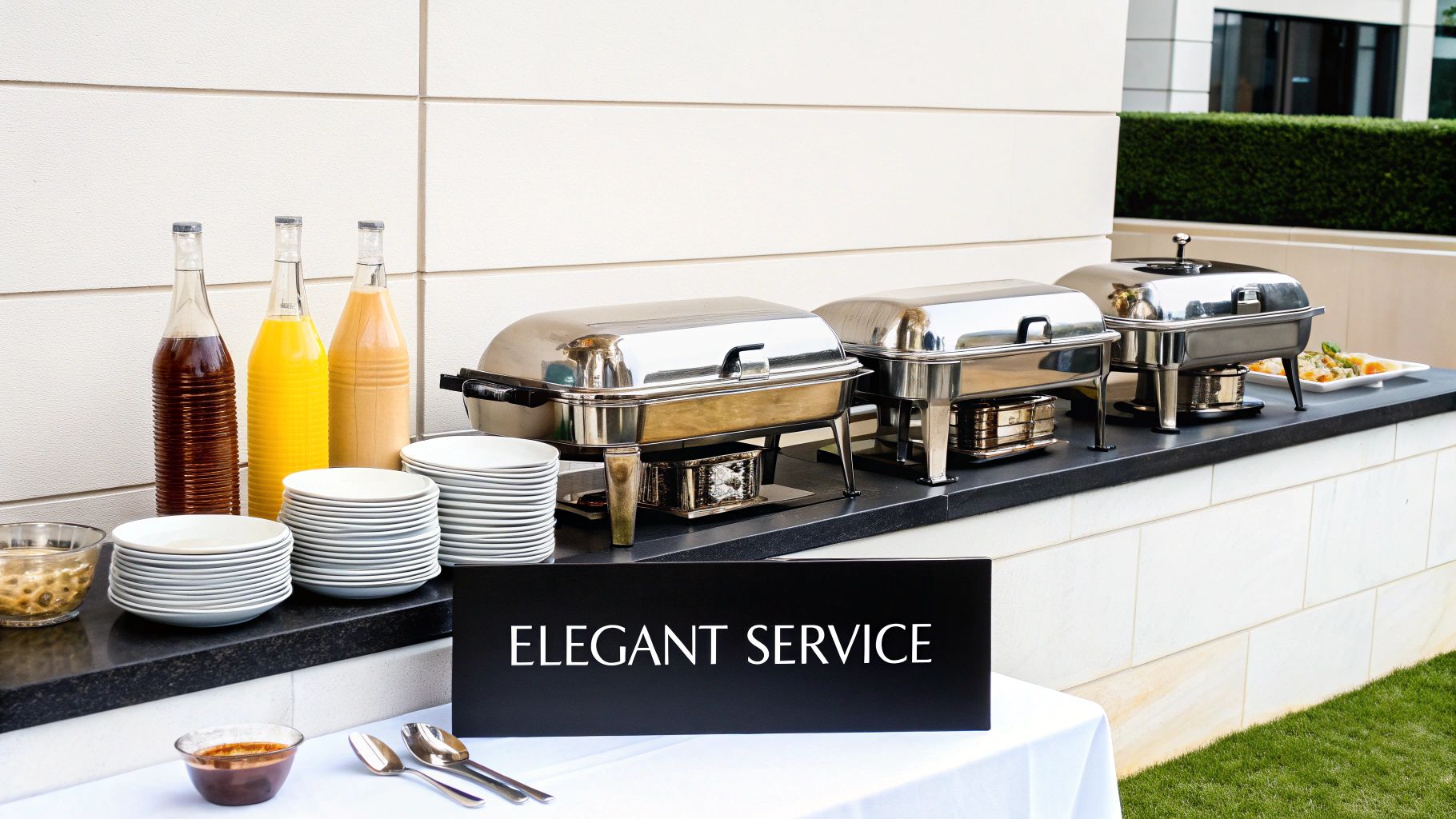 Elegant buffet setup at a catering event with chafing dishes and serving utensils
