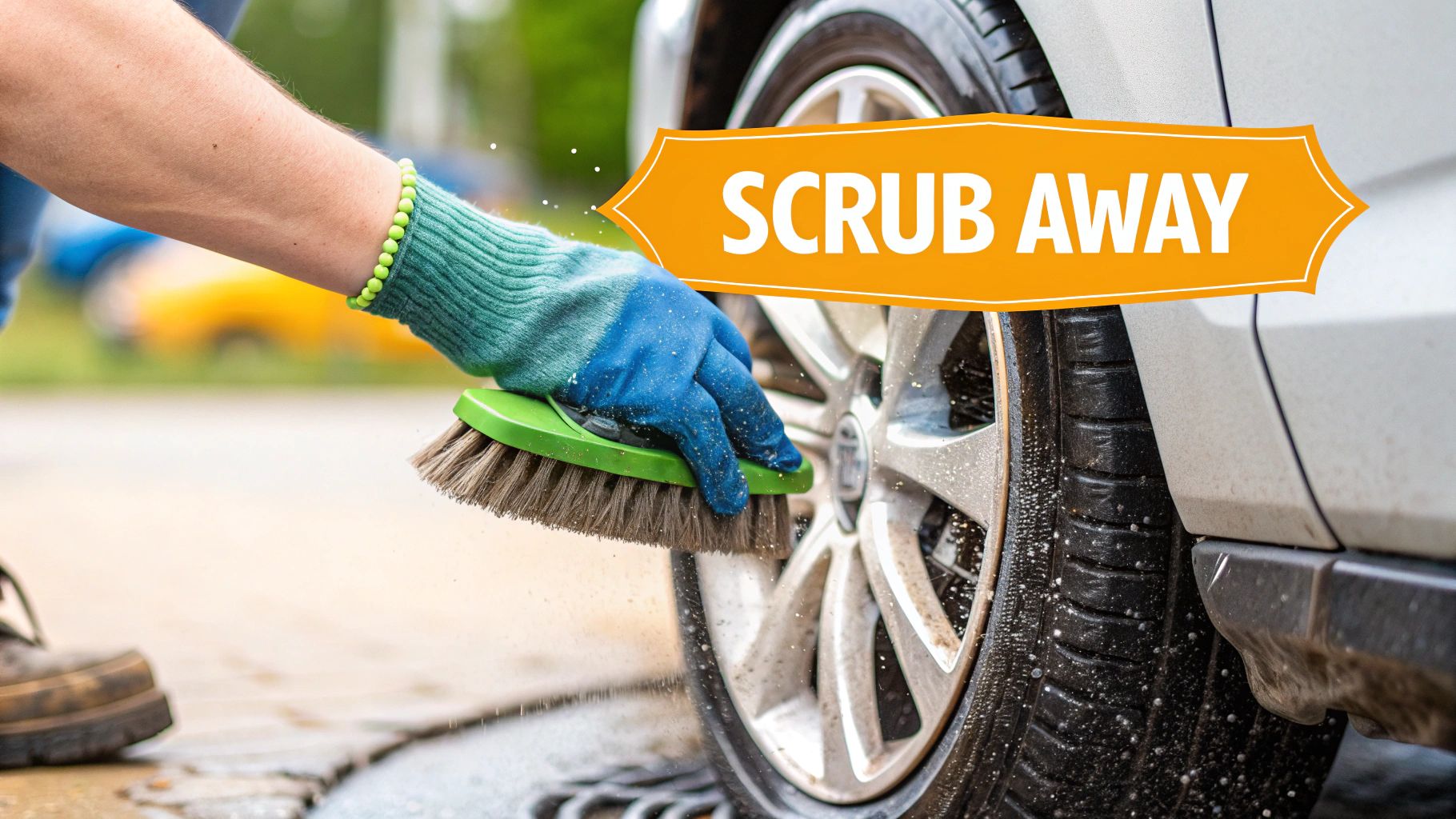 A person using a microfiber cloth to apply a protective coating to a shiny, clean car wheel.
