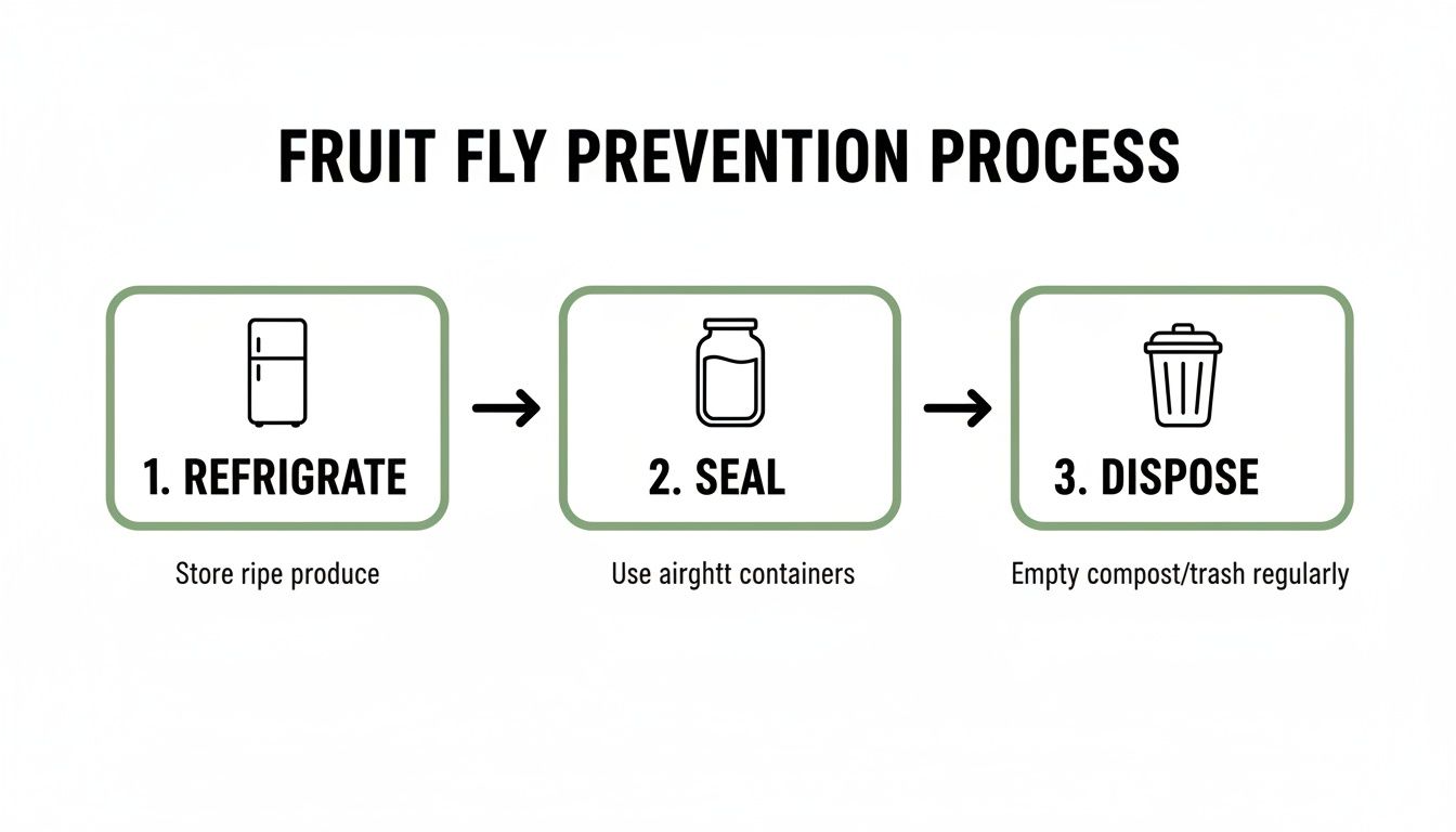 An infographic illustrating a three-step process for fruit fly prevention: refrigerate produce, seal food, and regularly dispose of waste.
