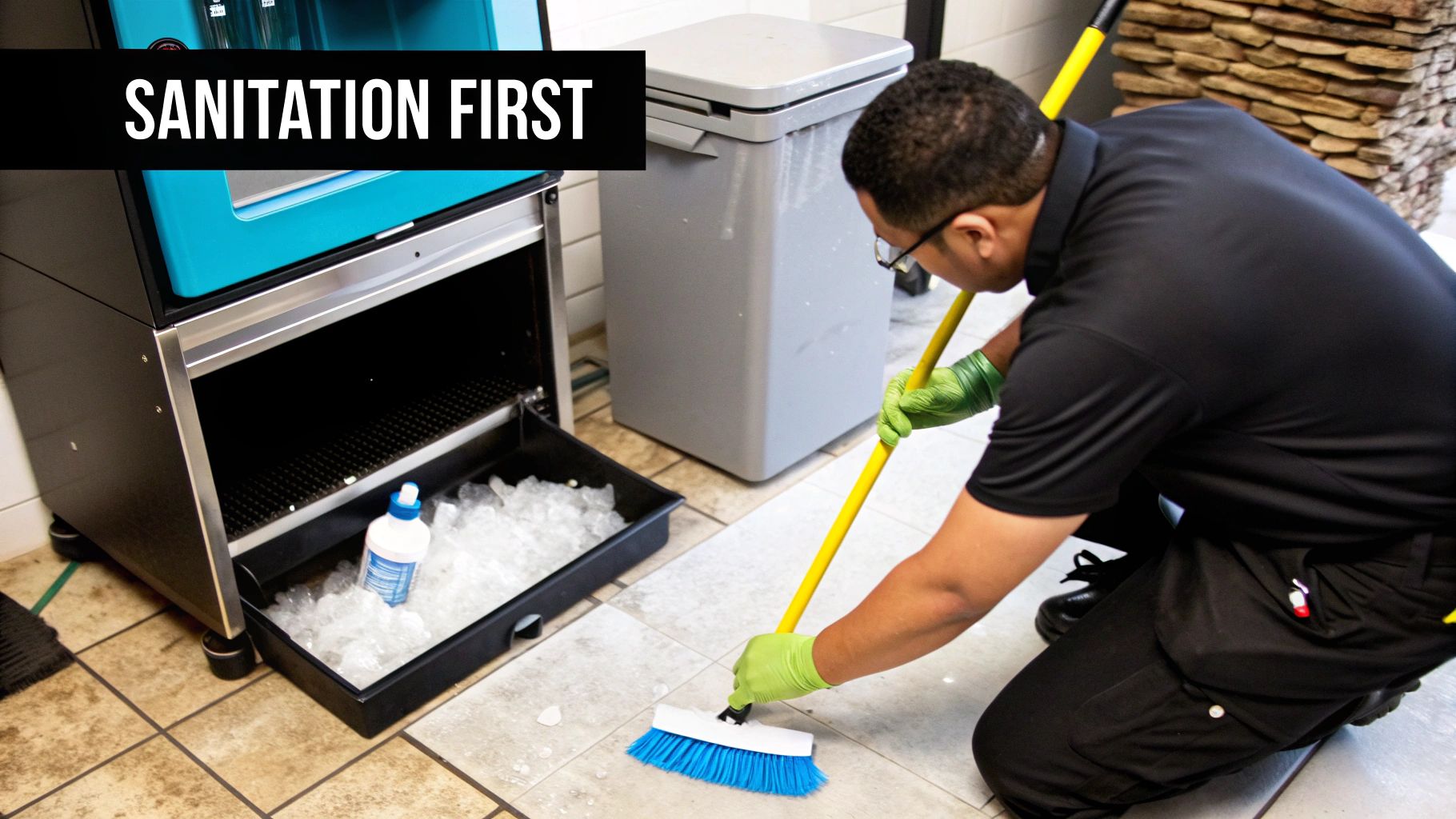 A worker in green gloves sweeps a tiled floor, emphasizing sanitation next to an ice machine.