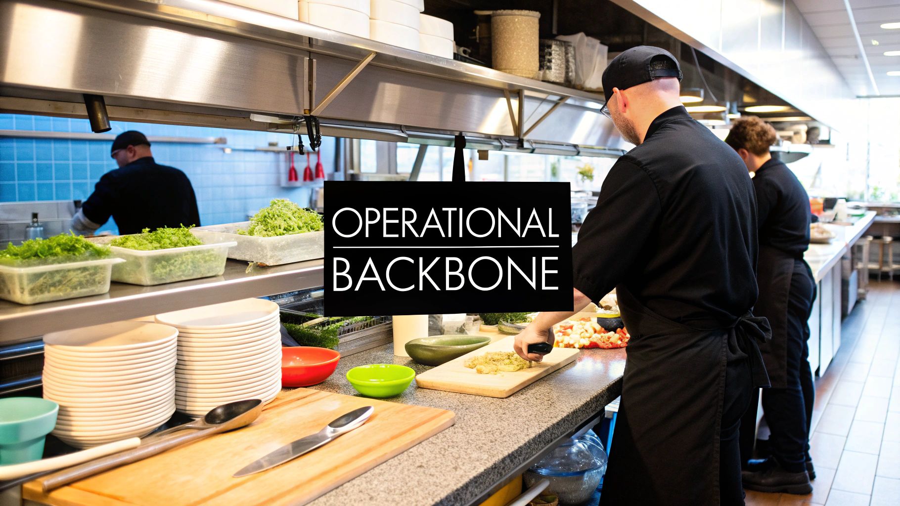 A modern, well-organized commercial kitchen featuring stainless steel surfaces and various accessories.
