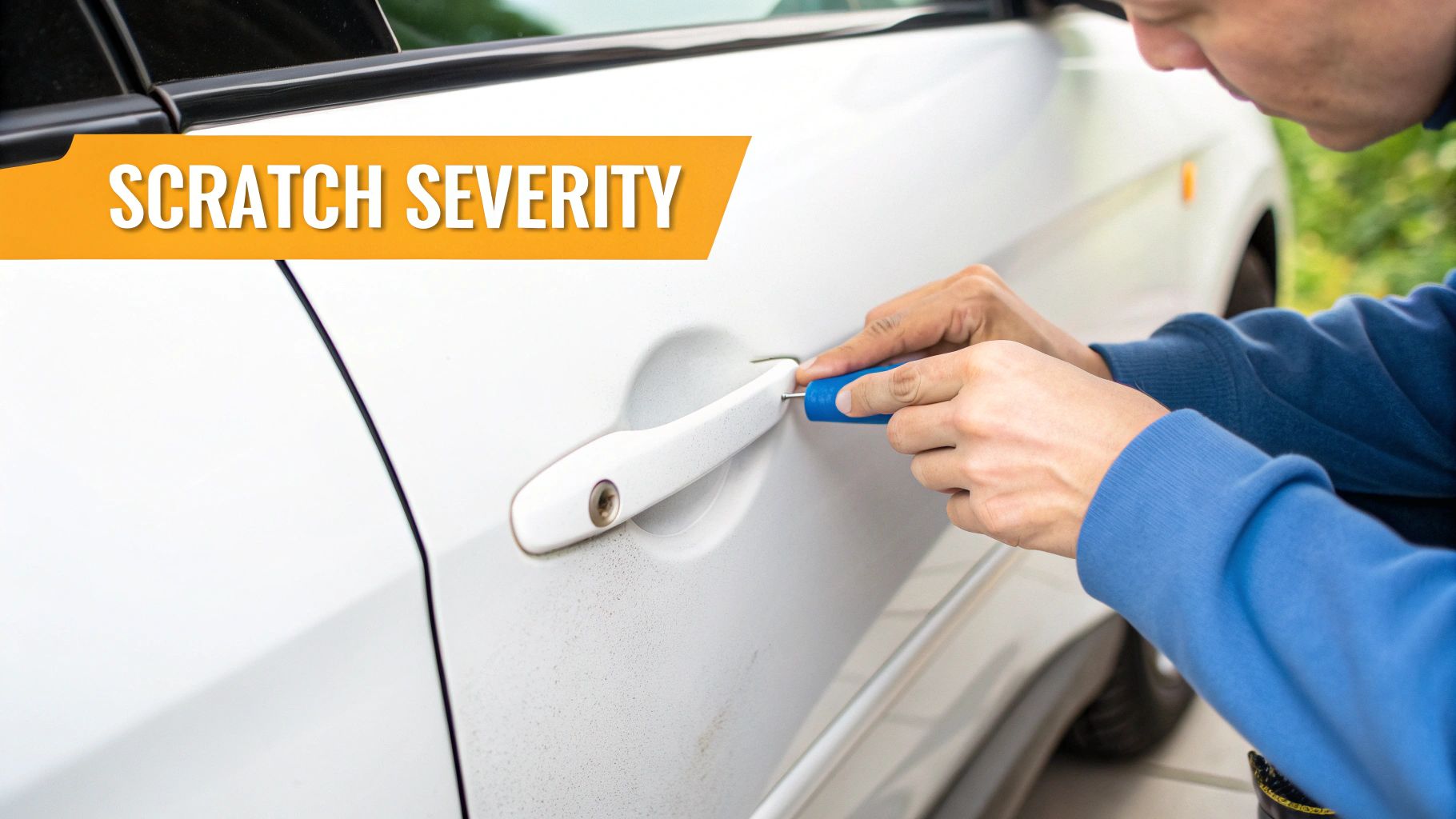 Person examining scratch severity on white car door using blue measurement tool