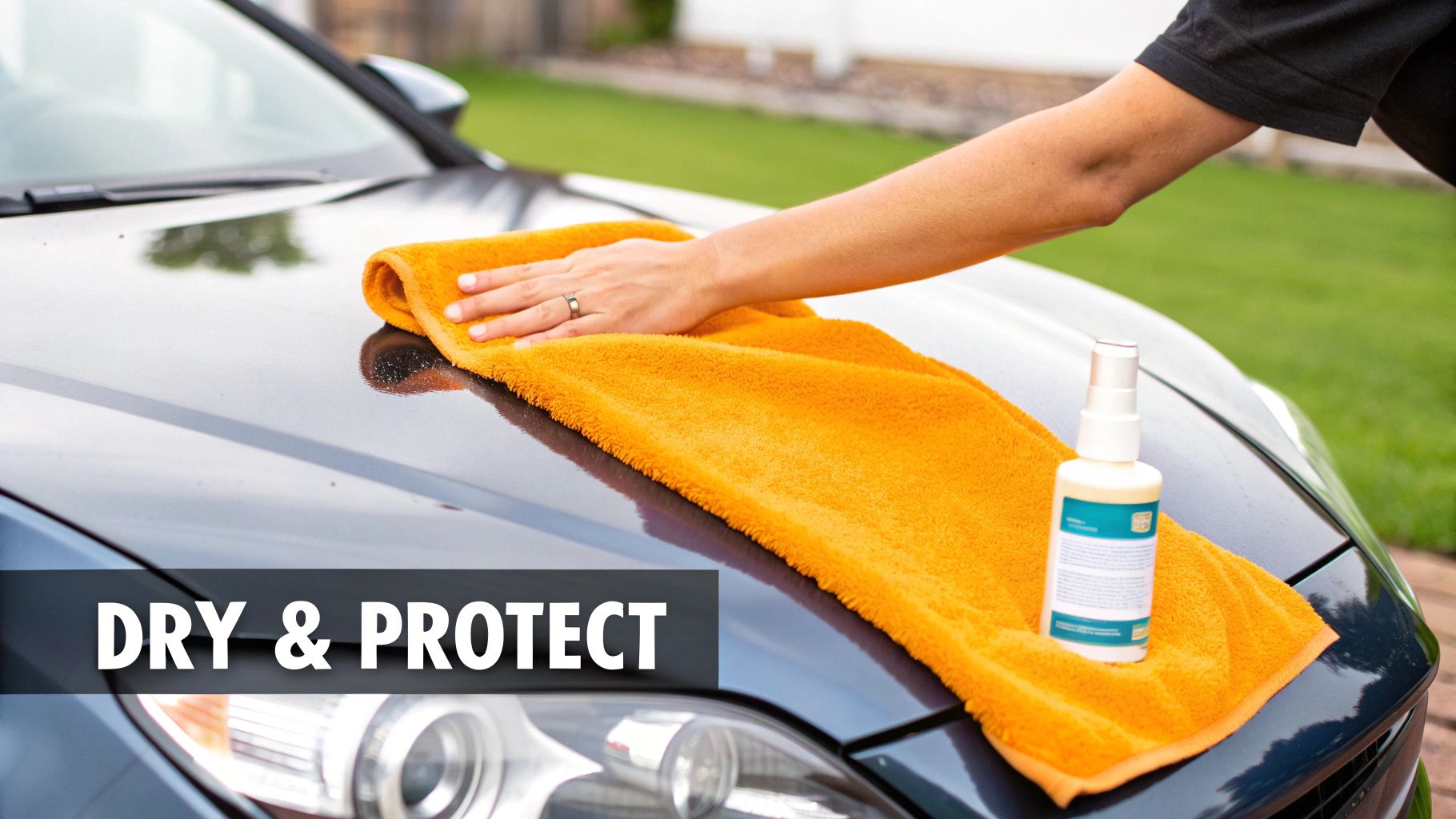 A person's hand dries a dark car hood with an orange microfiber towel, a spray bottle nearby, text 'DRY & PROTECT' is visible.