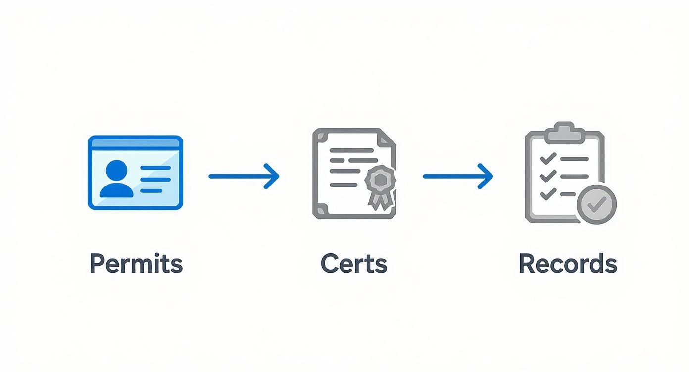 A visual flow diagram showing permits (ID card) leading to certifications (certificate), then to records (checklist).