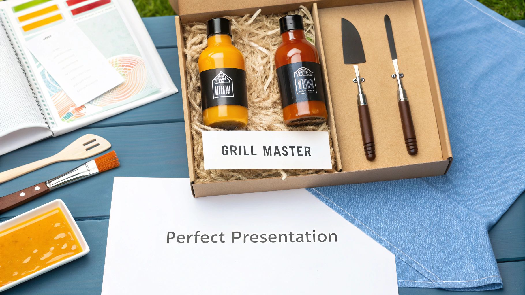 A 'Grill Master' gift box with sauces and grilling tools on a blue table, next to cooking accessories.