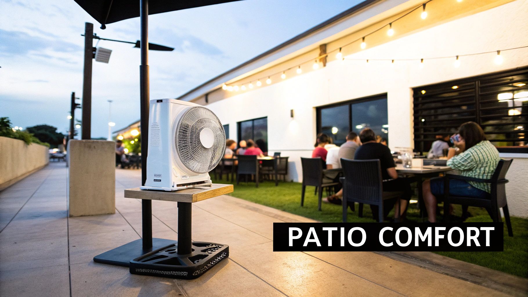 A white box fan sits on a stand on an outdoor tiled patio, providing comfort to diners at a restaurant.