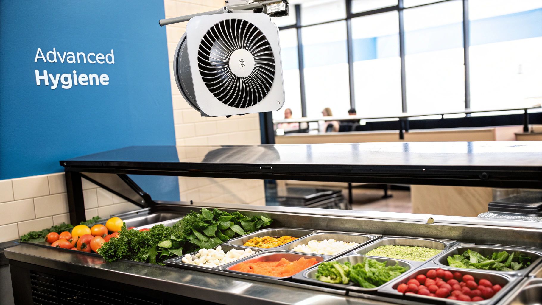 A sleek, modern fly fan sits on the corner of a wooden dining table laden with fresh food, subtly protecting the meal from airborne pests.