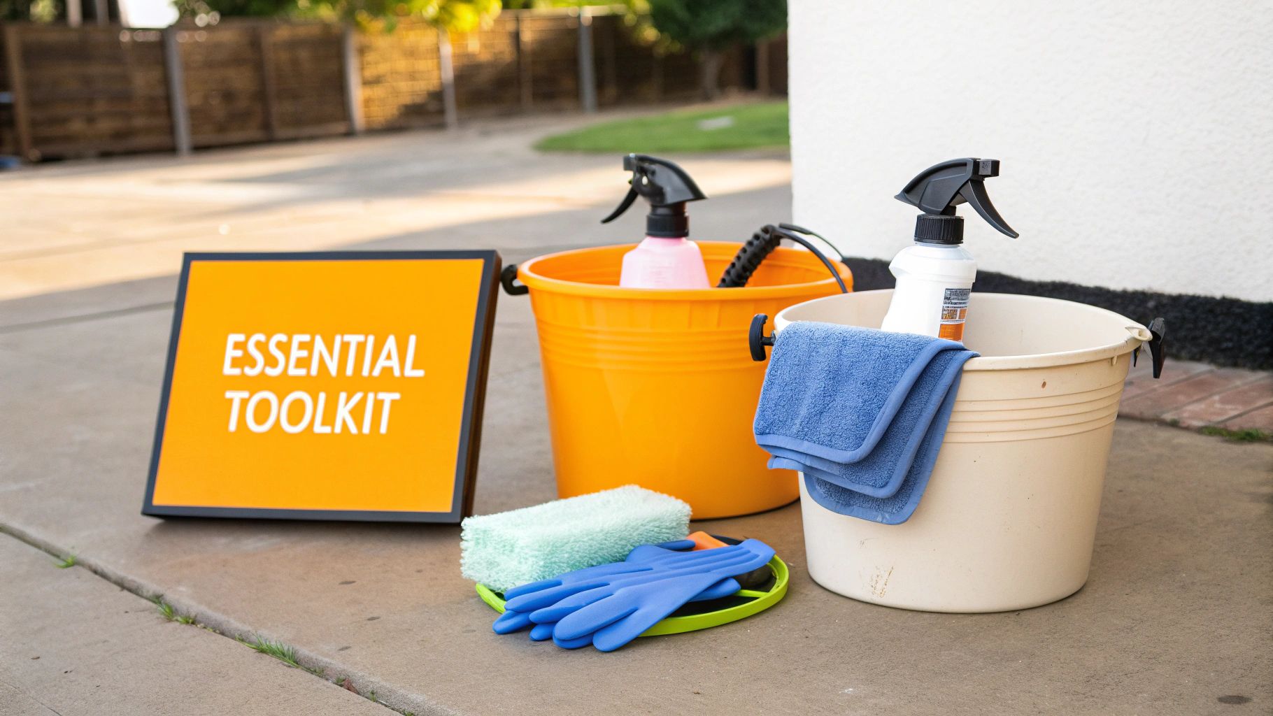 An essential car cleaning toolkit with two buckets, spray bottles, towels, sponge, and gloves.