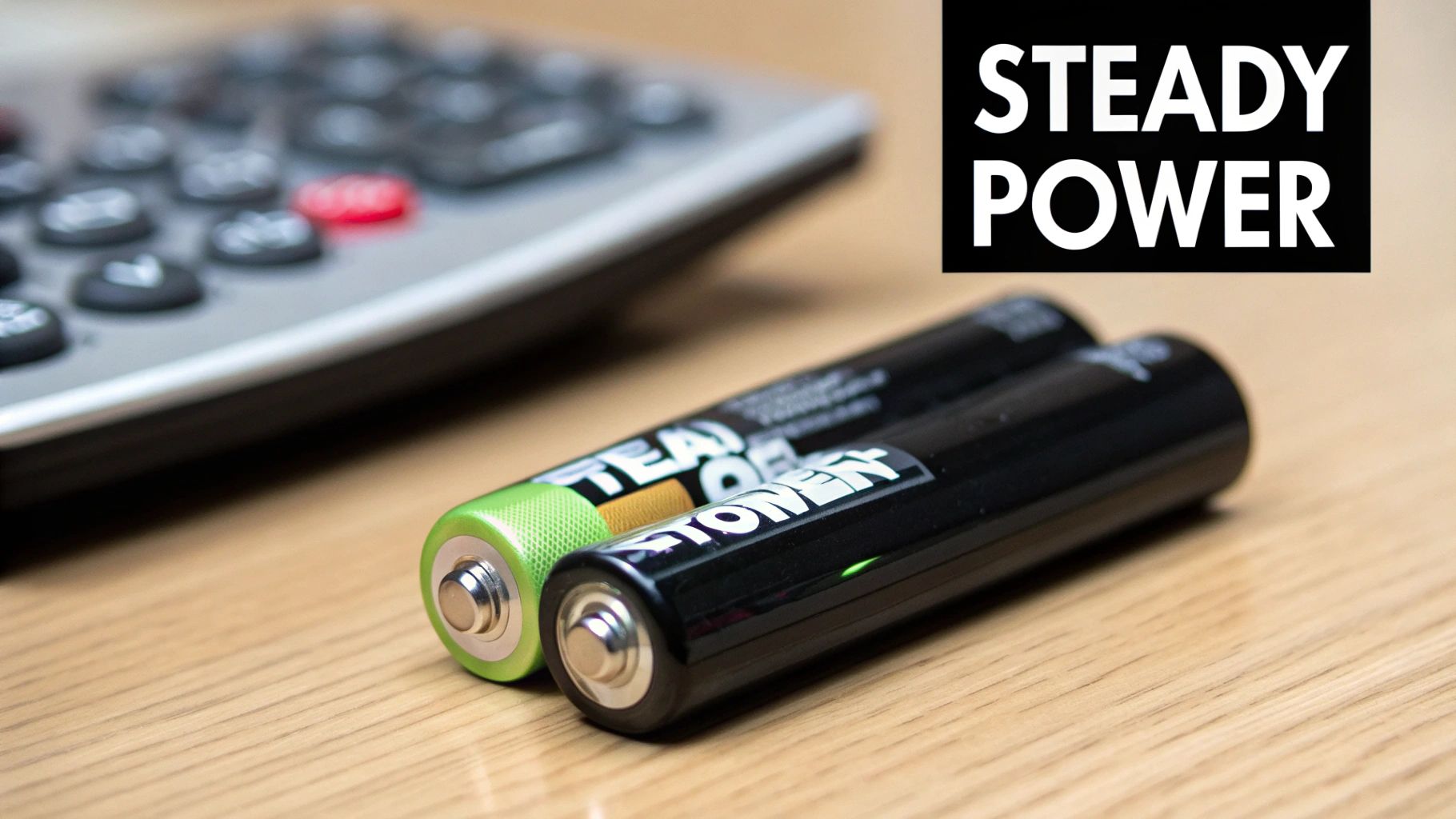 Green and black batteries on a wooden desk with a calculator, highlighting 'Steady Power'.