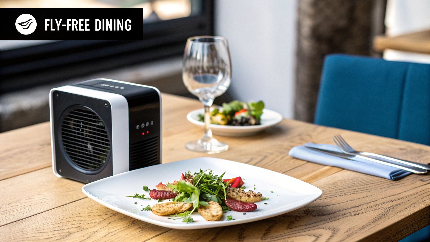 A dining table features a fresh meal, a wine glass, and a modern fly trap for fly-free dining.