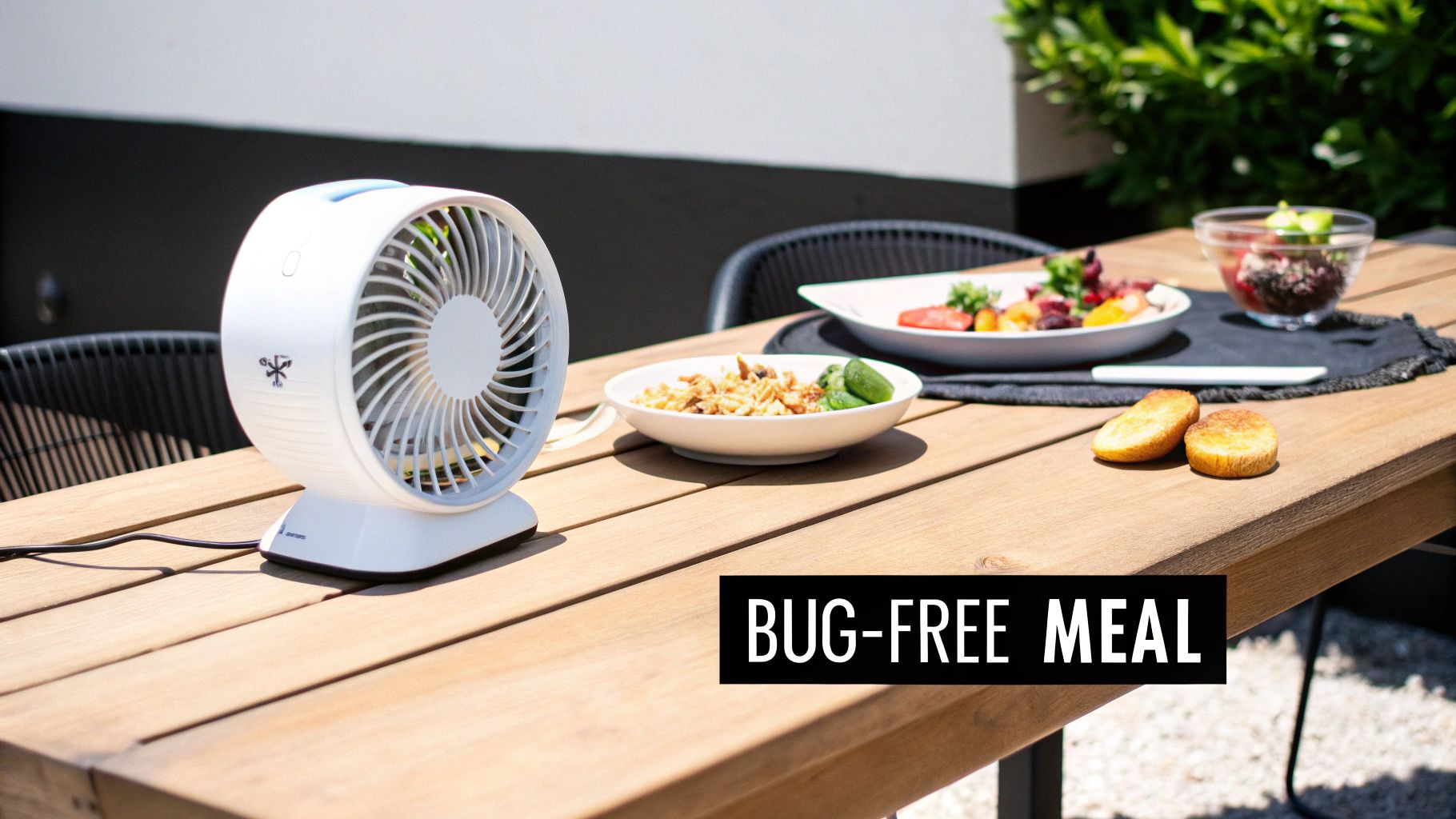 A bug off fan with holographic blades placed on an outdoor dining table laden with food.