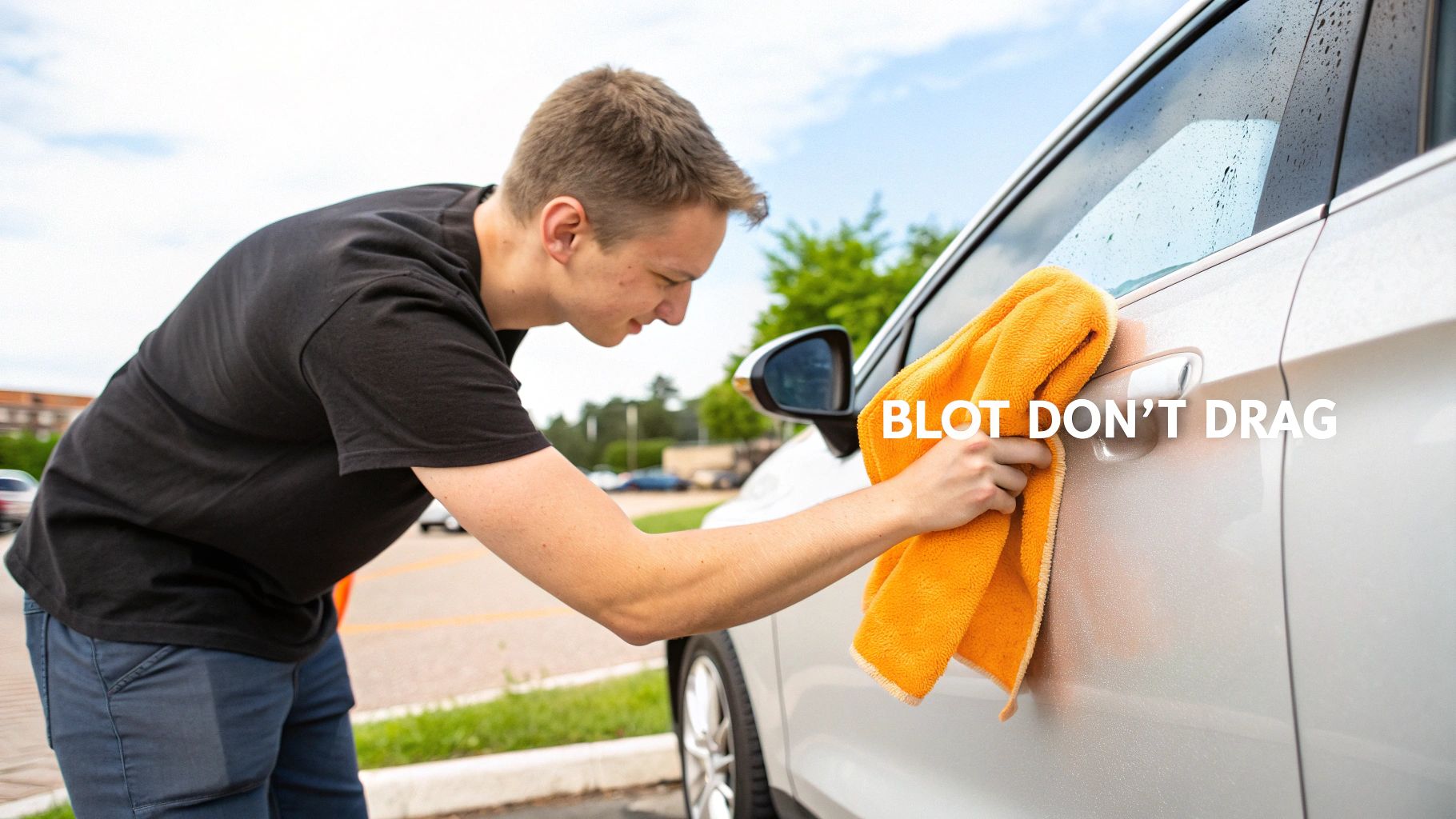A man carefully blots water from a silver car door with an orange microfiber towel after washing.