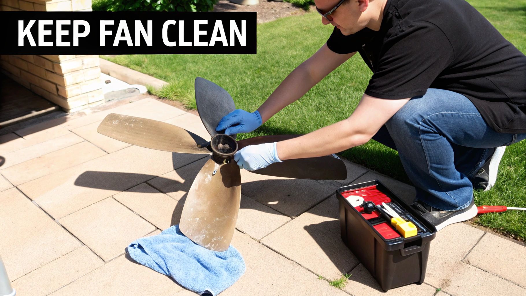 A person cleaning the blades of an outdoor fan with a cloth.