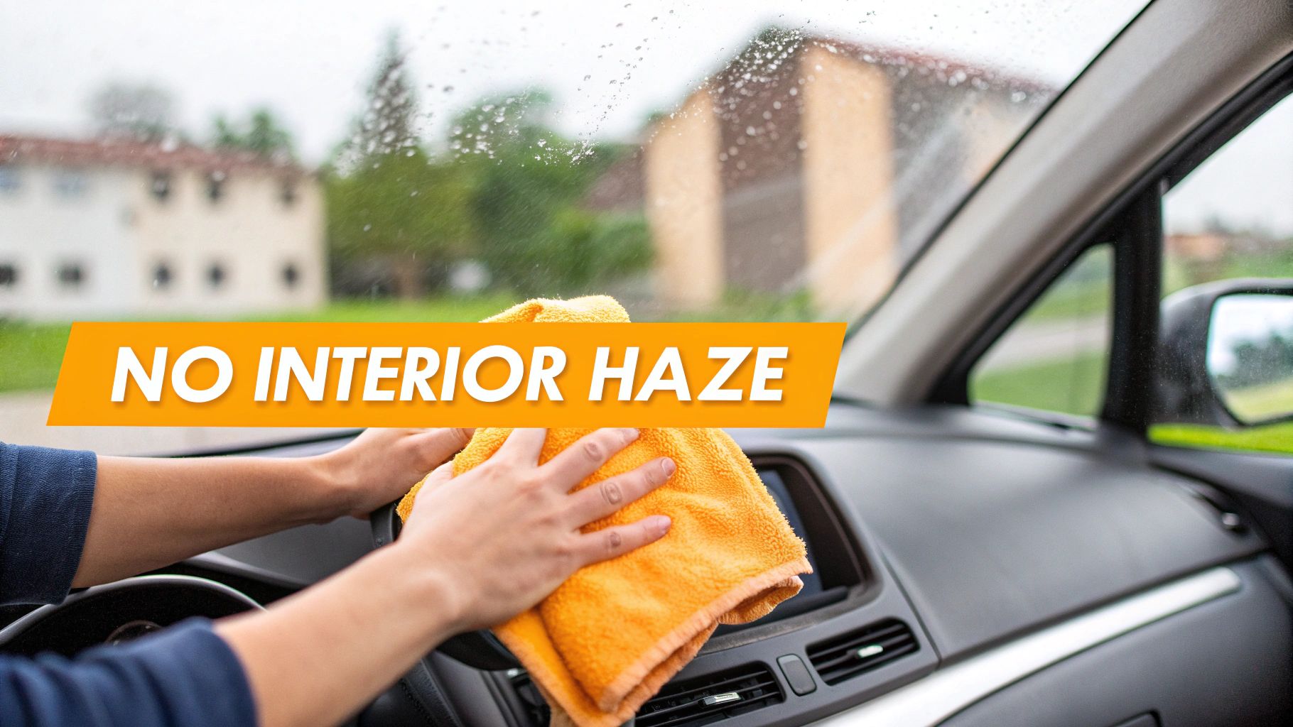 A person using a microfiber cloth to clean the inside of a car windshield.