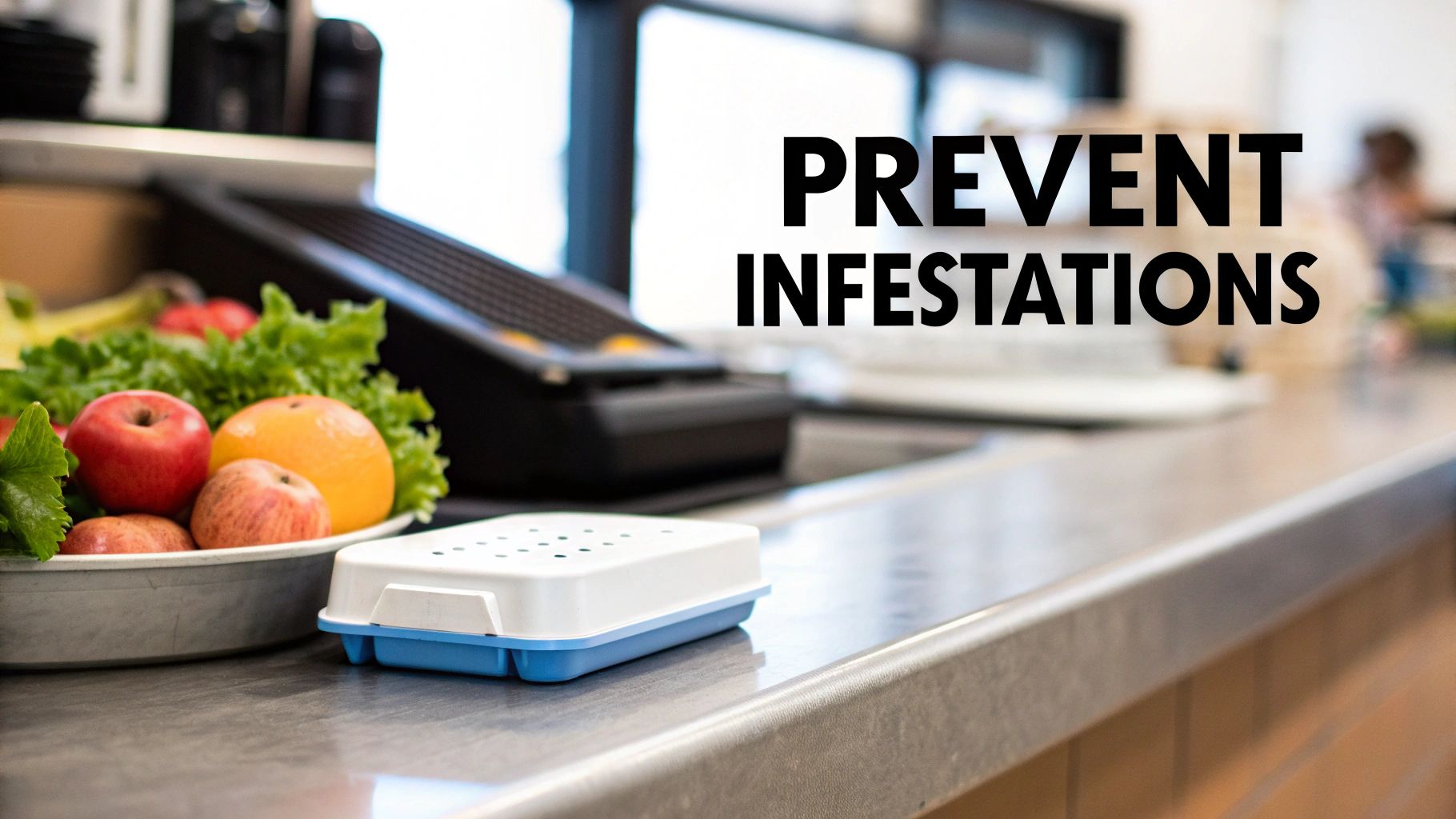 Fresh fruit and vegetables on a kitchen counter next to a fruit fly trap with prevention text.