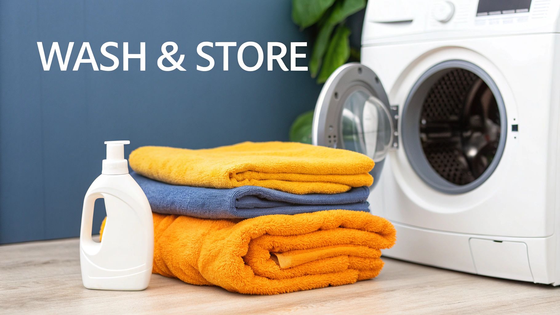 A stack of clean, folded blue and gray microfiber towels on a shelf.