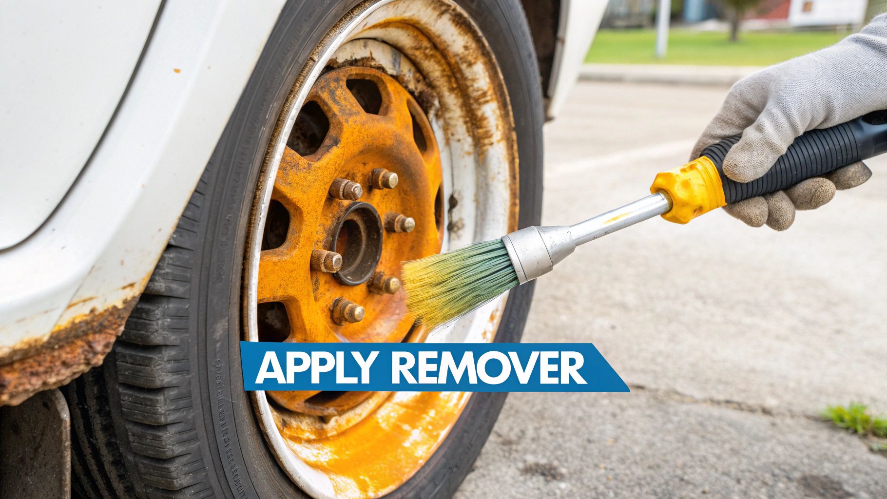 Two car wheels placed side-by-side, one rusty and one clean, showing a before-and-after comparison of rust removal.