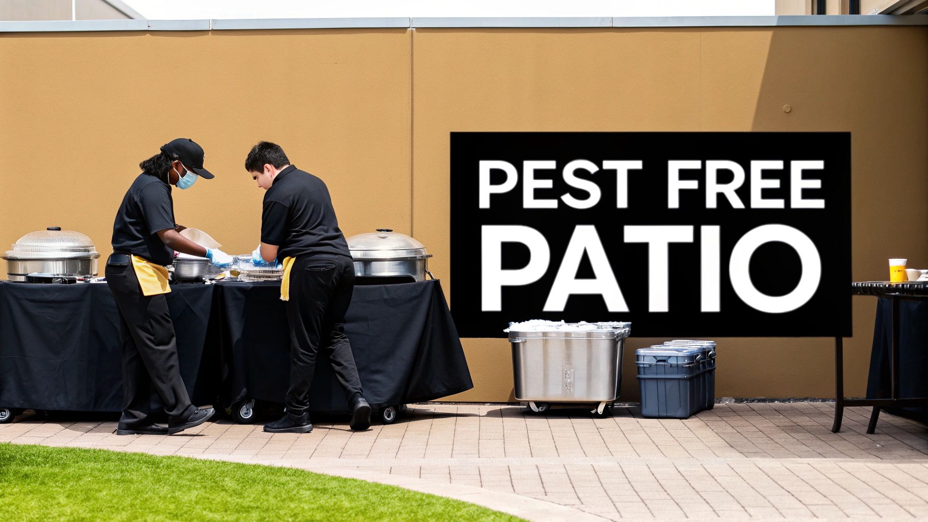 Two catering staff prepare food on tables at an outdoor patio with a 'Pest Free Patio' sign.