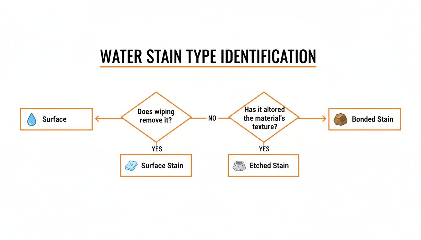 Flowchart for water stain type identification, guiding users from surface to etched or bonded stains.