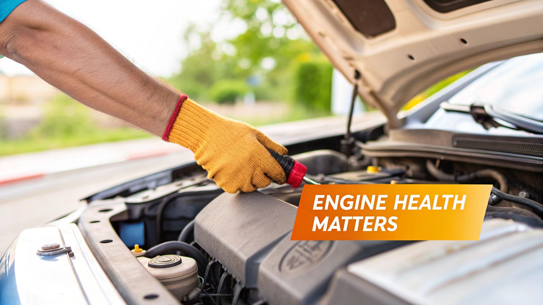 Close-up of a mechanic's hand in a yellow glove checking a car engine under the open hood.
