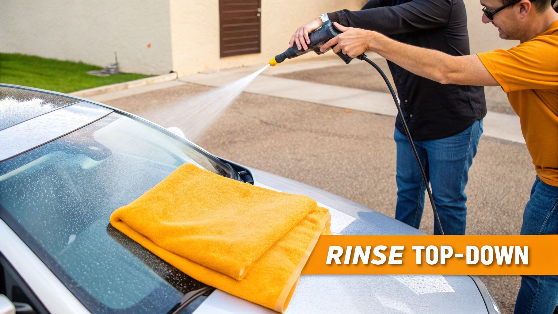 A person power washing a silver car from the top down, with orange towels on the hood.