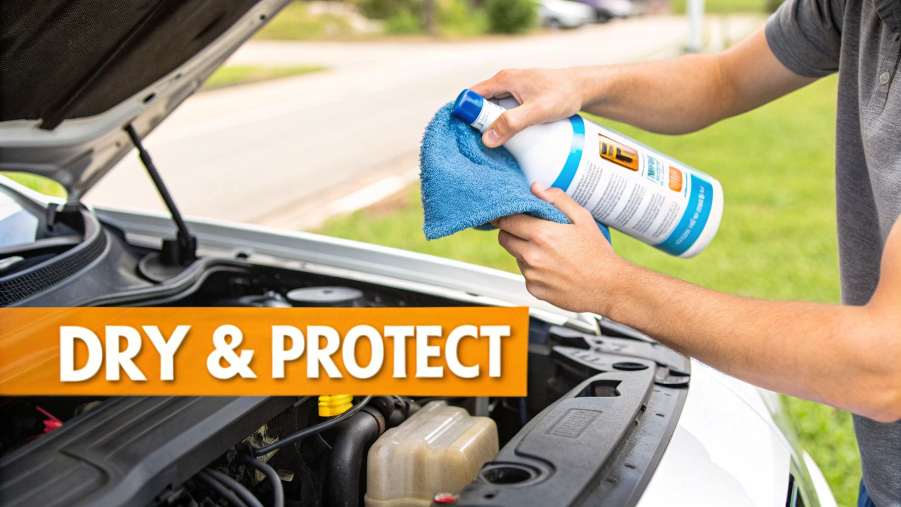 A person applies a protectant to a car's engine bay with a blue cloth, with text 'DRY & PROTECT'.