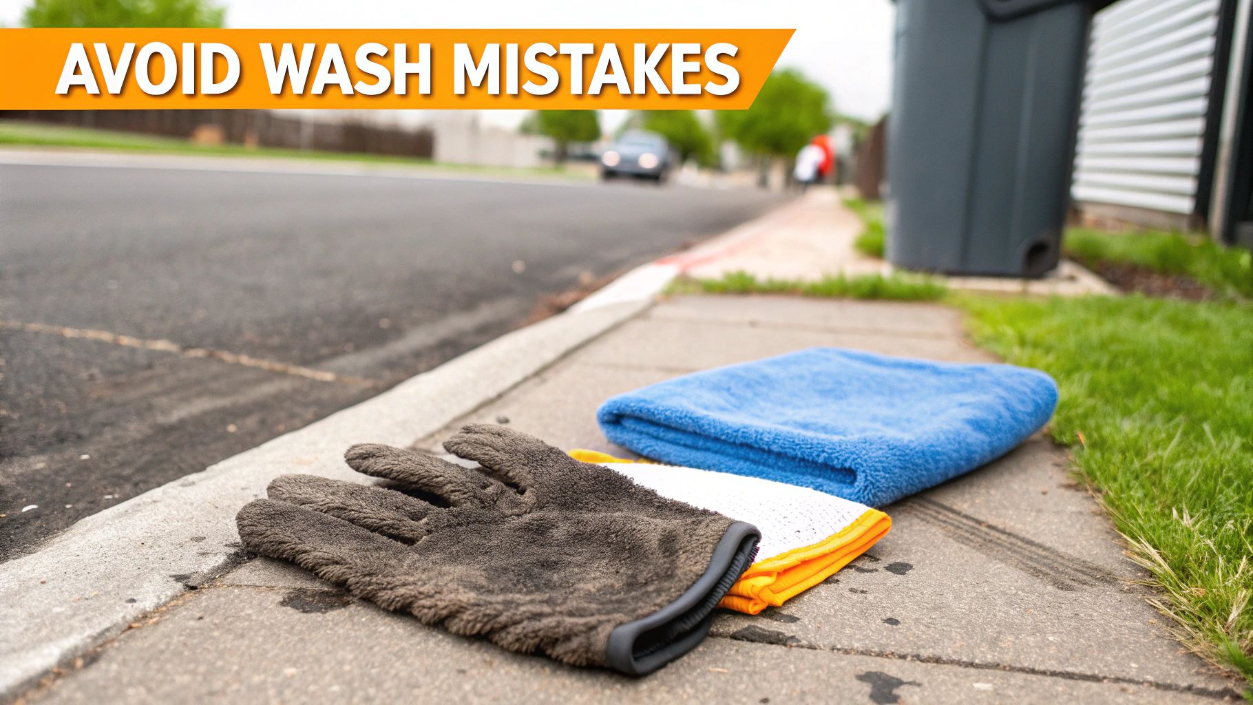 A dirty car wash mitt and clean microfiber towels resting on a concrete sidewalk.
