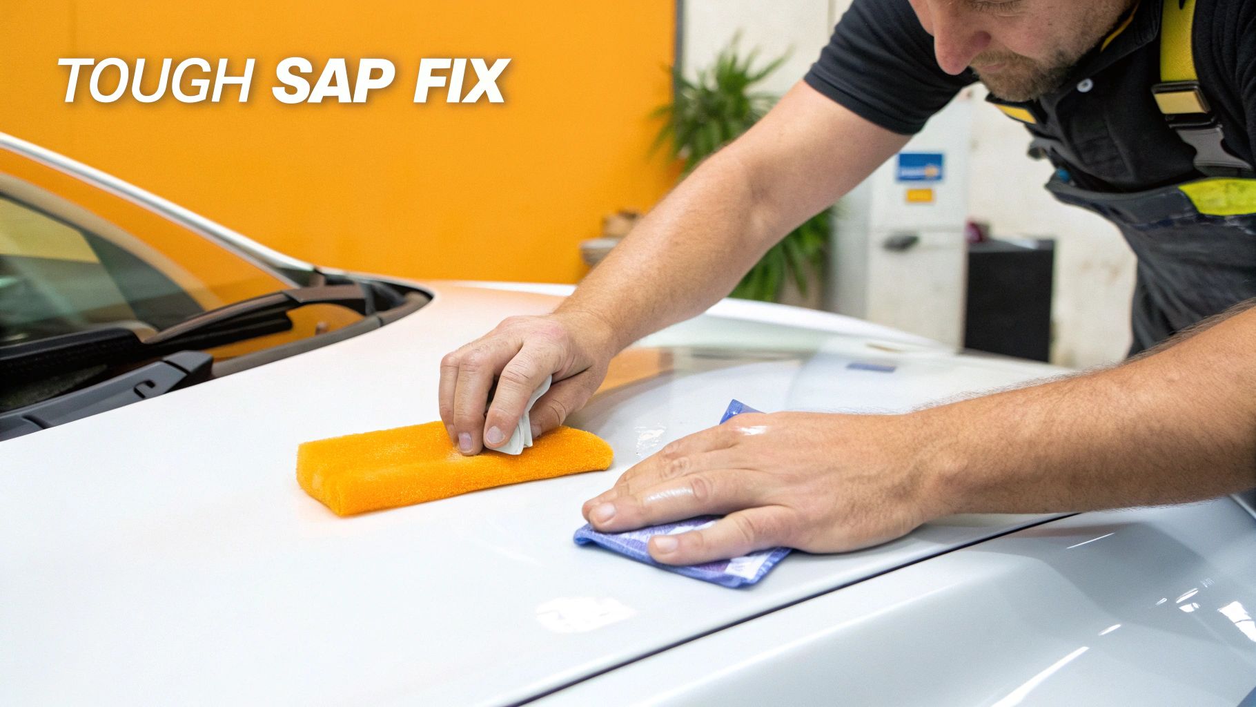 A detailing clay bar being used on a car's painted surface with lubricant.