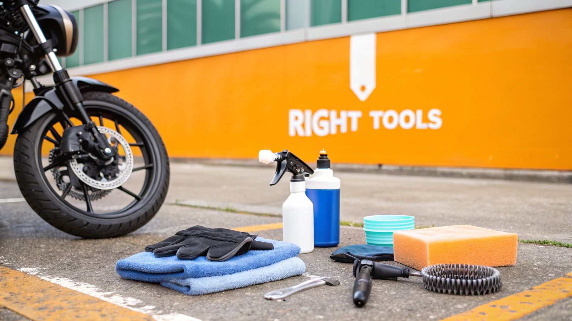 Motorcycle wheel and various cleaning tools, including towels, bottles, and brushes, on the ground.
