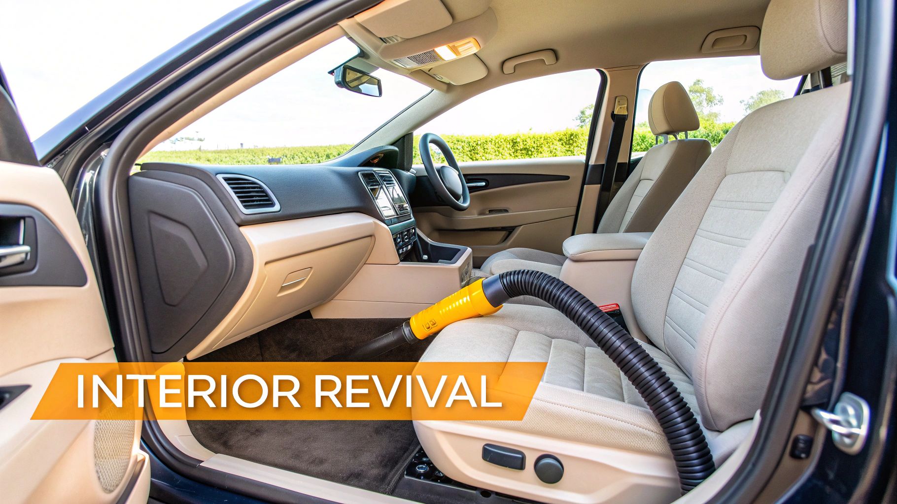 A car's clean interior showing beige seats and dashboard being vacuumed with a yellow hose.