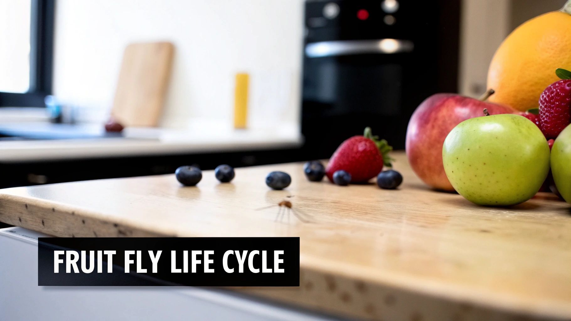A fruit fly on a kitchen counter surrounded by fresh fruits, illustrating its life cycle.