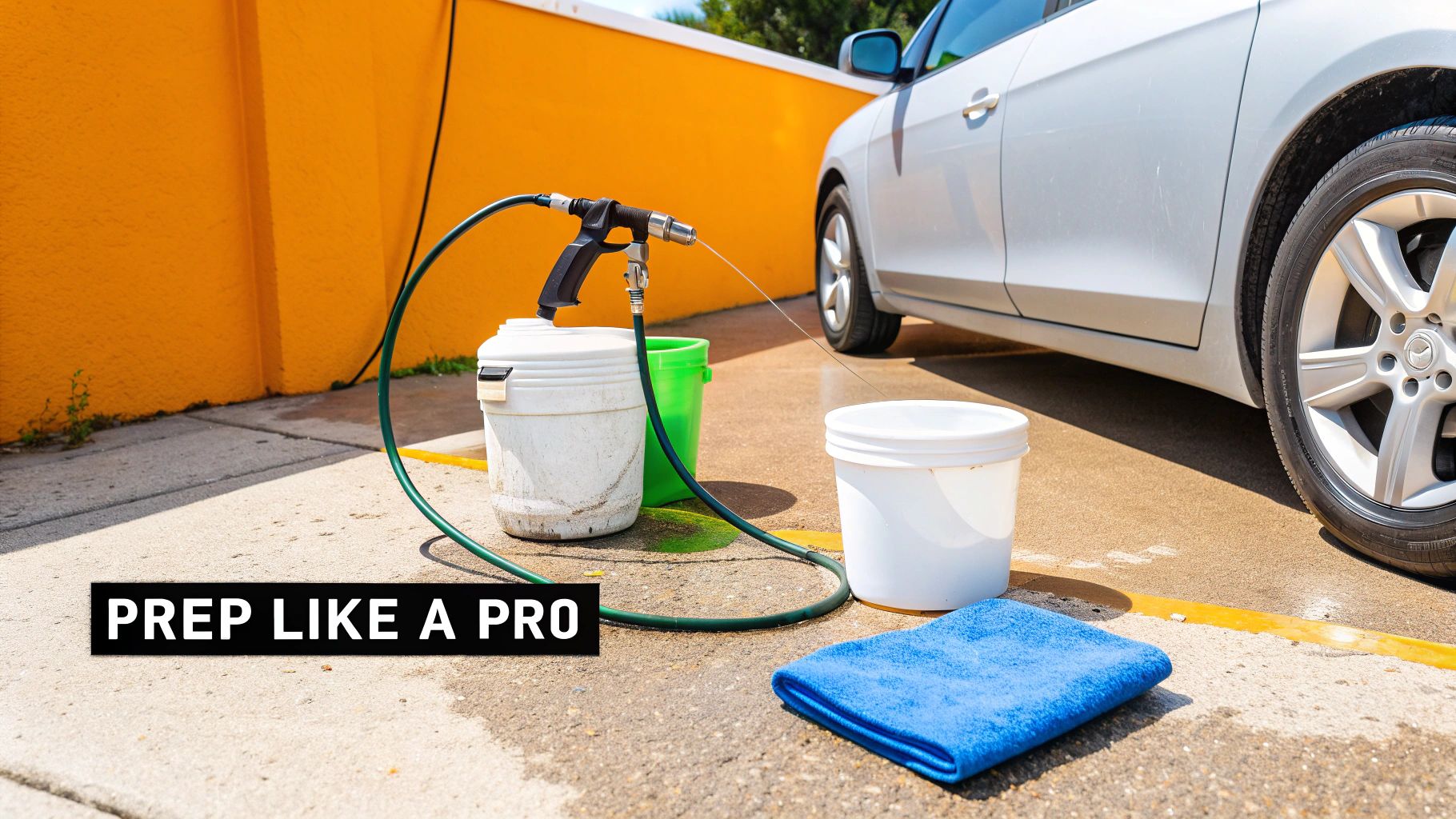 Car washing equipment, including buckets, a hose, and a towel, set up next to a white car with an orange wall.