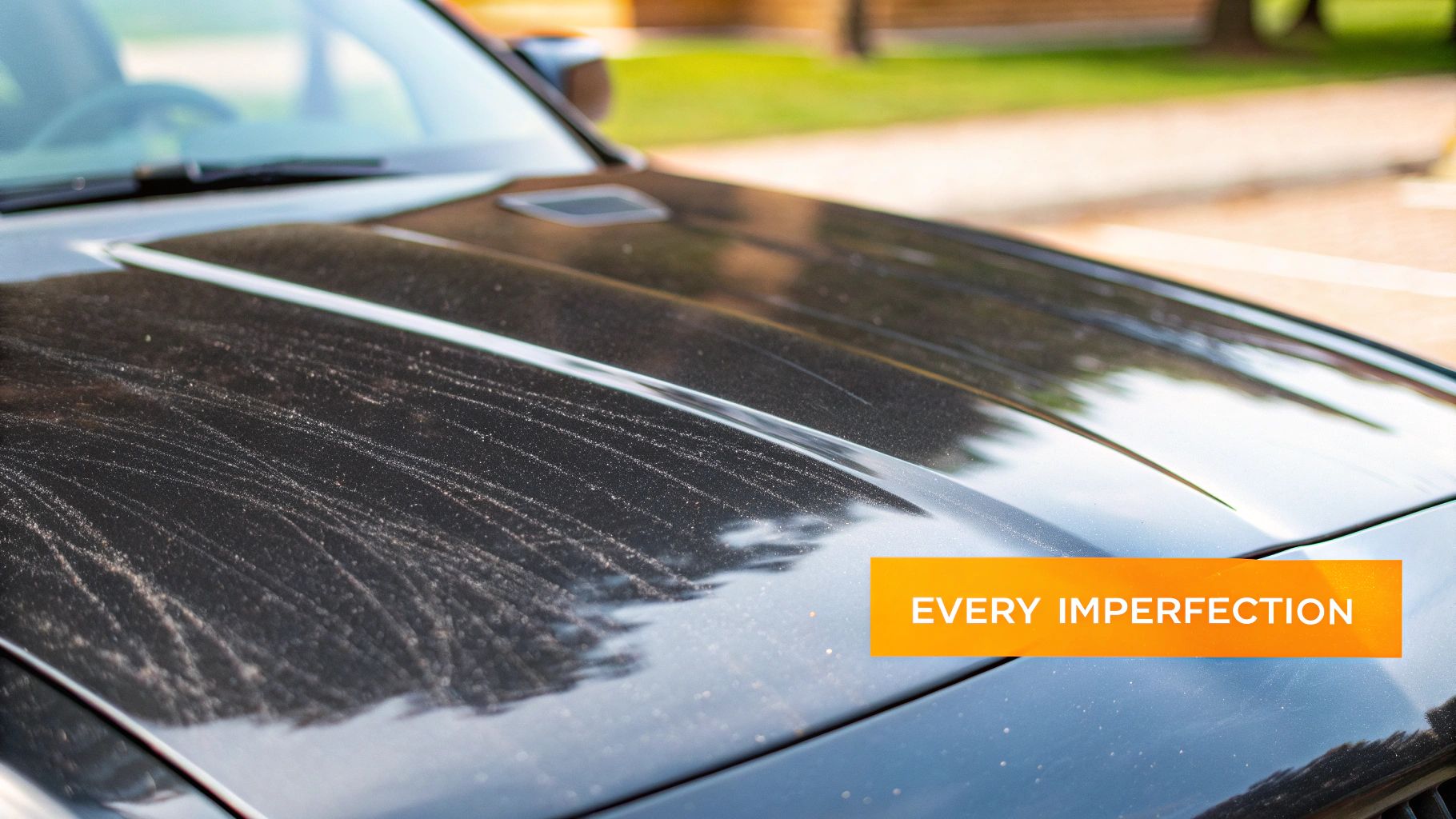 Close-up of a dusty black car hood covered in visible swirl marks and dirt, showing imperfections.