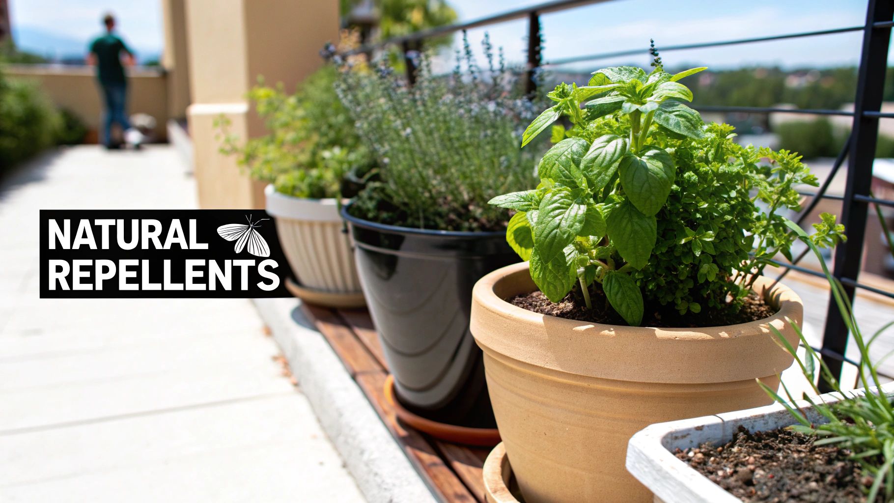 Lush potted mint and lavender plants on a sunny balcony, labeled 'Natural Repellents'.