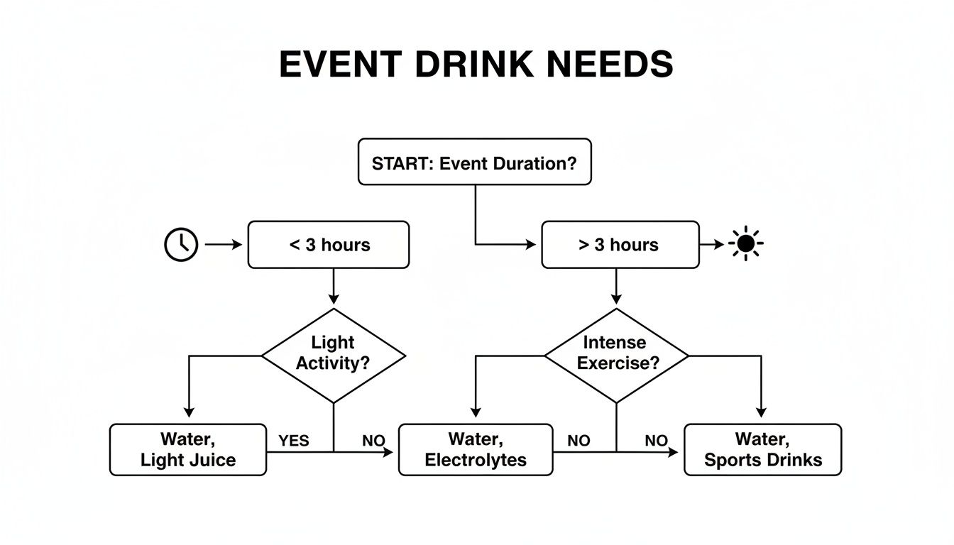 Flowchart guiding event drink choices based on duration and activity level, from water to sports drinks.