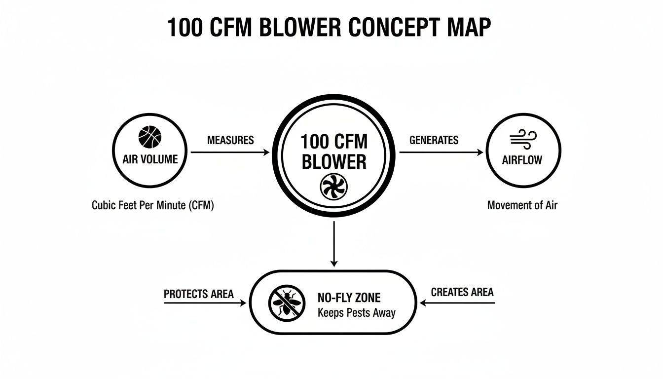 A concept map depicting a 100 CFM blower measuring air volume, generating airflow, and creating a pest no-fly zone.