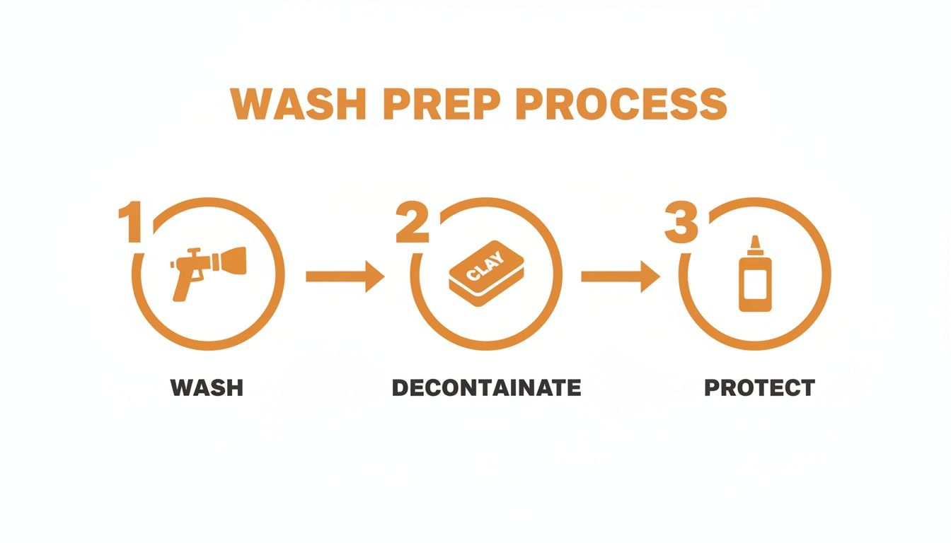Visual guide showing a three-step car wash prep process: wash, decontaminate, and protect.